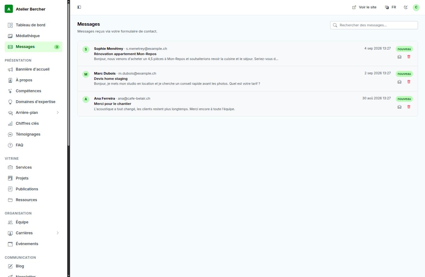 La schermata Messaggi: mittente, oggetto, estratto, data e un'etichetta nuovo.